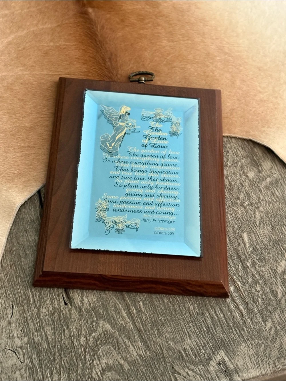 Vintage Engraved Angel Mirrored Plaque in Wood Frame - Blue Mirror